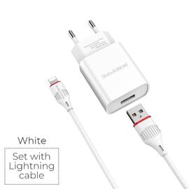  СЗУ Borofone BA20A 5V/2,1A 1USB Sharp single port + lightning cable, white 